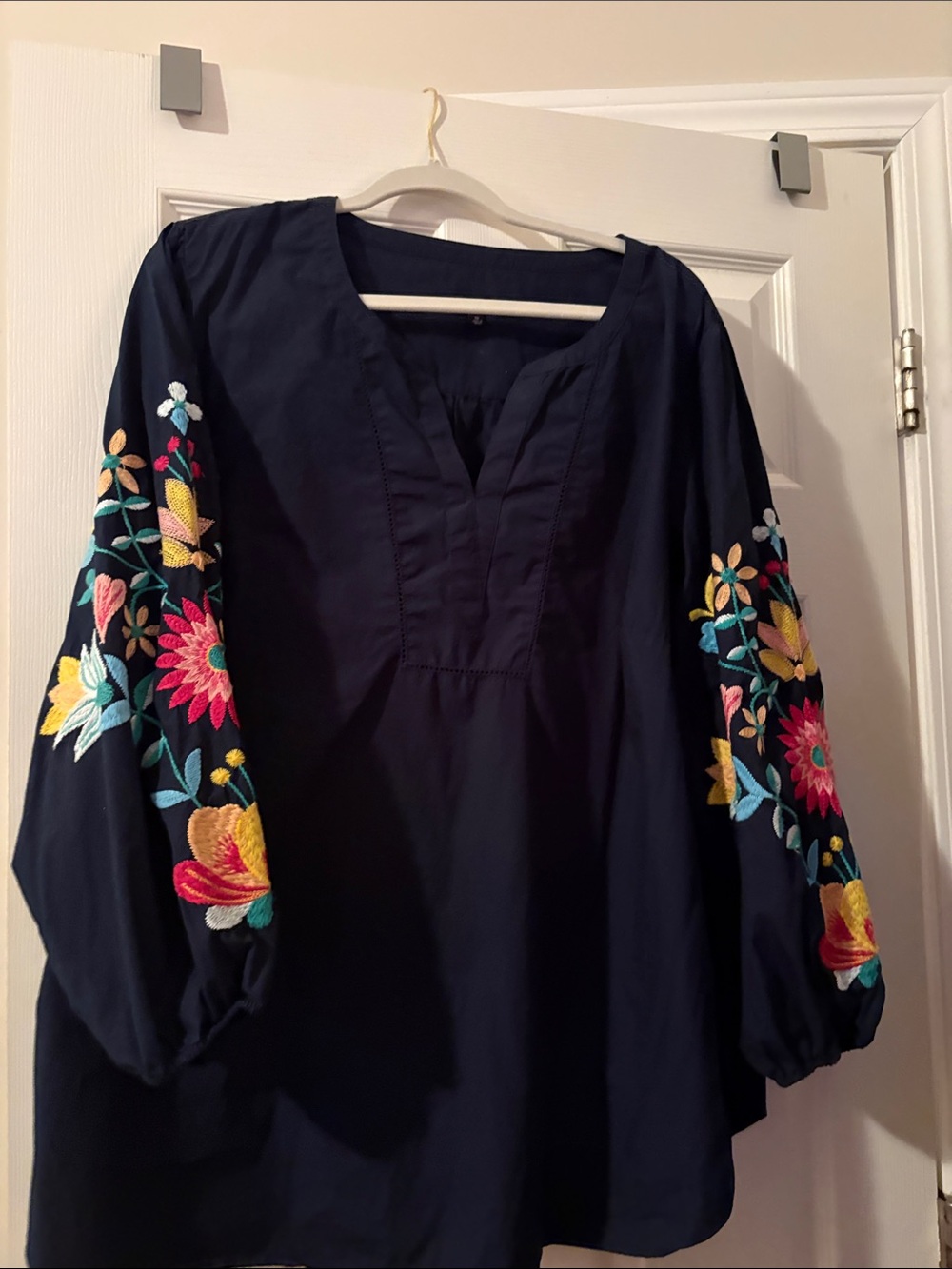 Talbots Navy Peasant Top with Multicolor Floral Embroidery